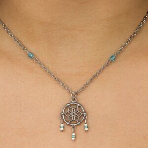 Beaded Dreamcatcher Silver Dangle Necklace b18